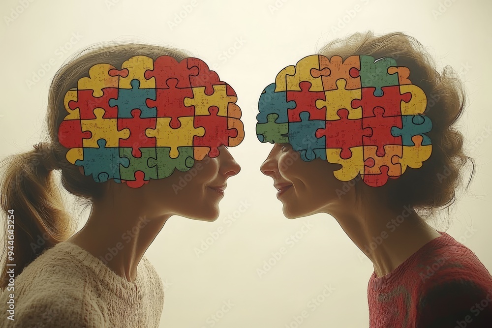 Poster two female profiles with puzzle piece brains representing cognitive thinking problem solving and int