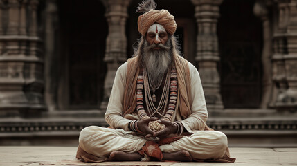 Indian sadhu master practicing yoga meditation outdoors in temple