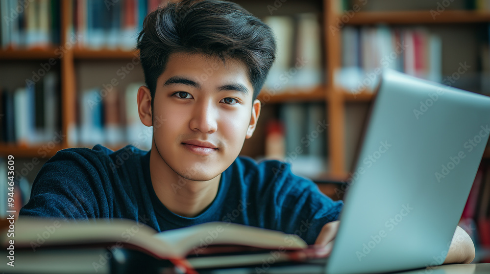 Poster Young man studying in the library using laptop computer and textbook