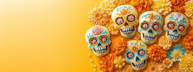 flat lay photography A bunch of sugar skull shaped cookies decorated with flowers, sugar skulls decorated for the Day of the Dead, sugar cookie dia de los muertos theme backdrop