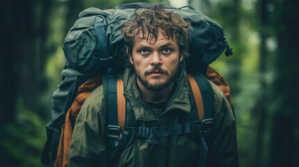 Obraz premium Young male hiker carrying backpack hiking through forest