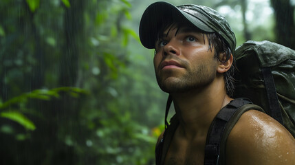 Backpacker seeking shelter from rain in jungle