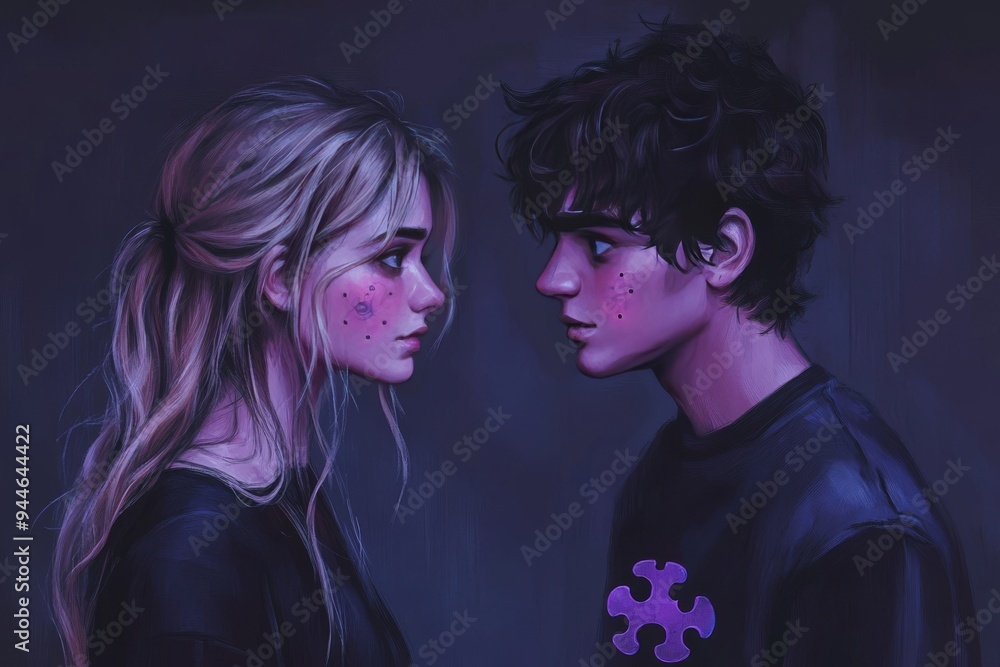 Poster Two Young Individuals Facing Each Other with a Puzzle Piece Brain Overlay Symbolizing the Complexities of Human Interaction Emotional Connection and Cognitive Compatibility
