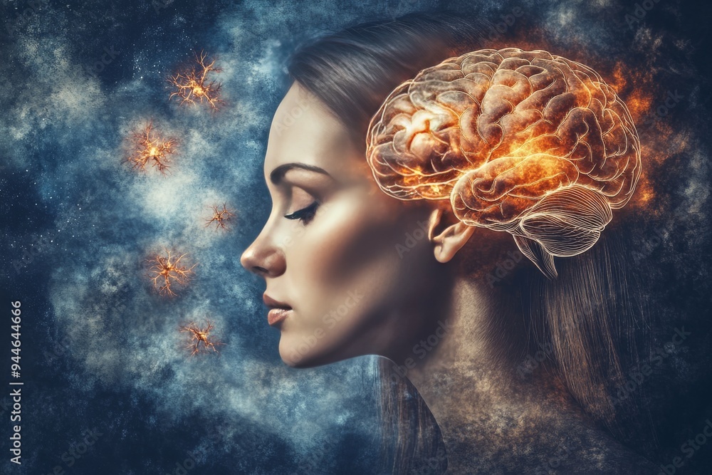 Poster profile of a woman with an exploding brain depicting the burst of creativity intellectual energy and