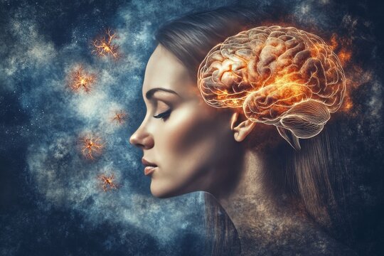 Profile of a Woman with an Exploding Brain Depicting the Burst of Creativity Intellectual Energy and the Dynamic Nature of Thought in a Surreal Artistic Context