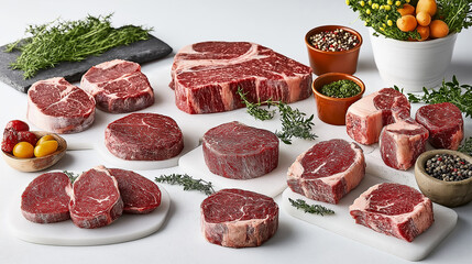 Different cuts of raw red meat with herbs and spices for cooking