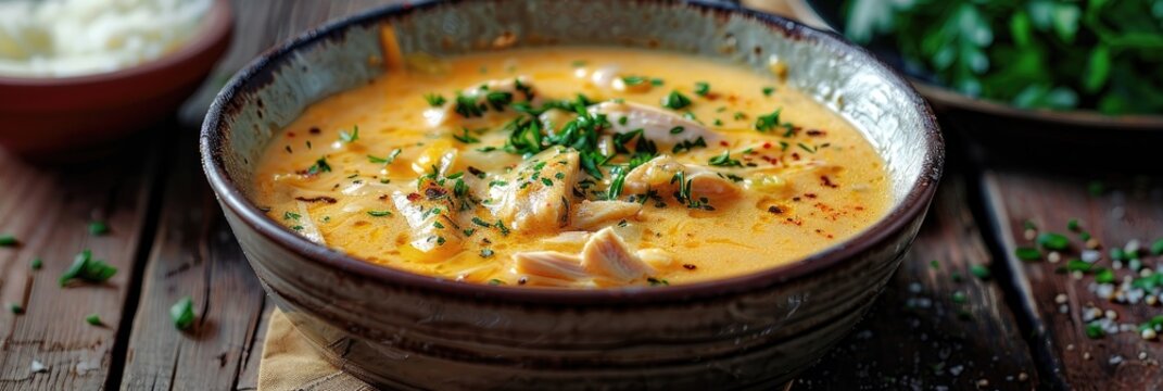 Comforting Creamy Chicken and Cheese Soup in a Bowl Ideal for Autumn