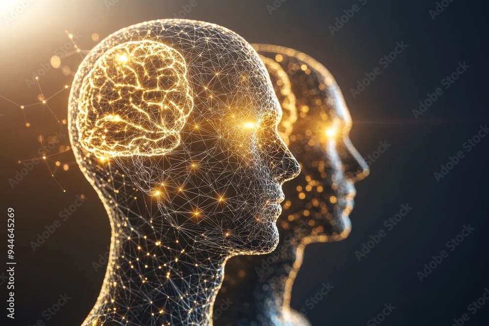 Poster human figures with glowing brains facing each other symbolizing neural connectivity intellectual exc