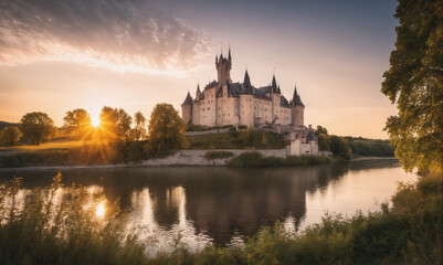 Obraz premium A majestic castle sits on a hill overlooking a river at sunset
