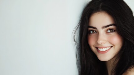 Beautiful woman with long black hair poses against a white wall backdrop, ideal for commercial use or banner ads. The clean background accentuates her striking features.