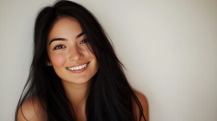 Beautiful woman with long black hair poses against a white wall backdrop, ideal for commercial use or banner ads. The clean background accentuates her striking features.