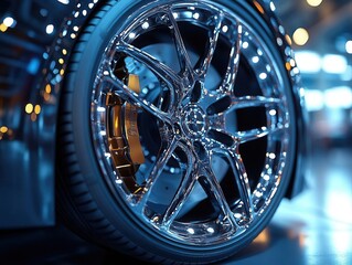 sleek aluminum sports car wheel rim closeup showcasing intricate design and polished surface...