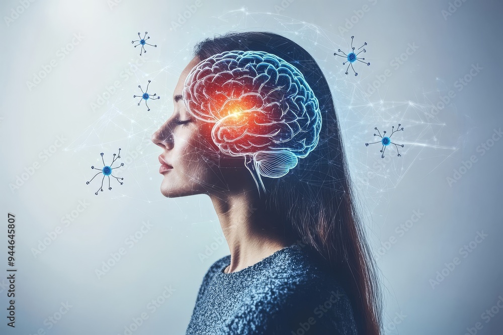 Poster profile of a woman with a glowing brain and neural networks representing cognitive enhancement intel