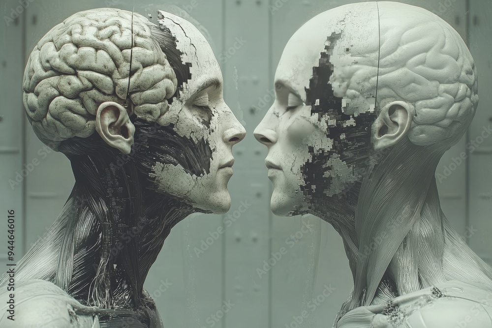 Poster abstract sculptural representation of two human figures with brain patterns depicting the duality of