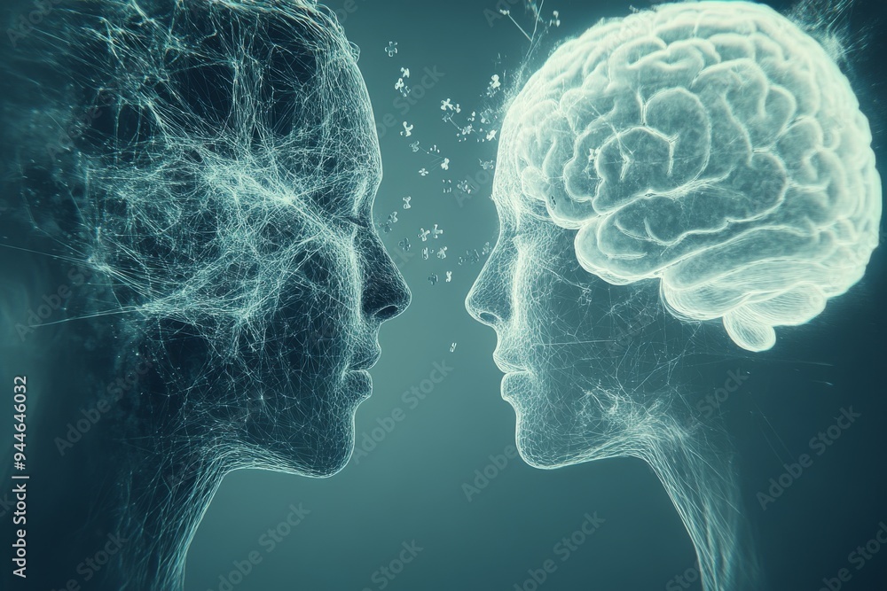 Aufkleber two heads with neural networks connected by digital signals depicting the fusion of human thought an