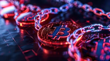 Fototapeta premium Photo-realistic blockchain network with interconnected nodes, glowing digital currency symbols, high-resolution details, vibrant colors