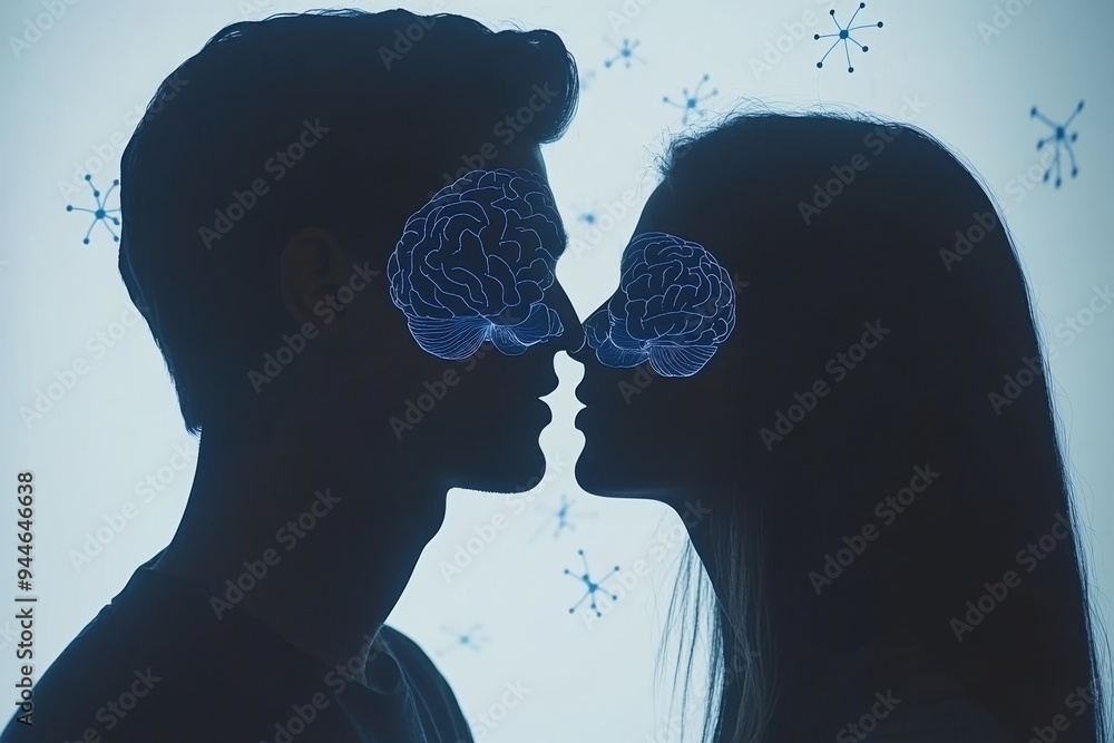 Aufkleber silhouetted couple with brain overlay in a dreamy ethereal setting representing intellectual affinit