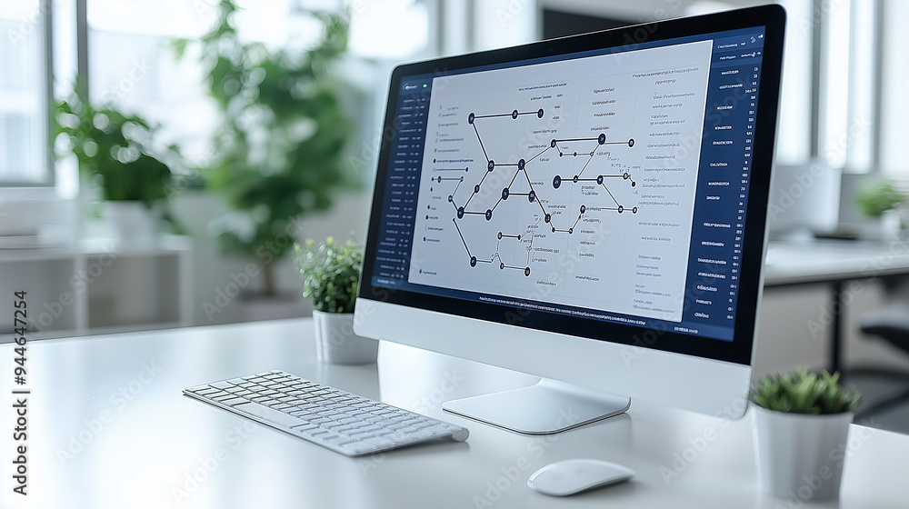 Poster Computer showing complex workflows on screen in modern office
