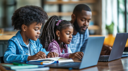 African american family using laptops and books studying at home
