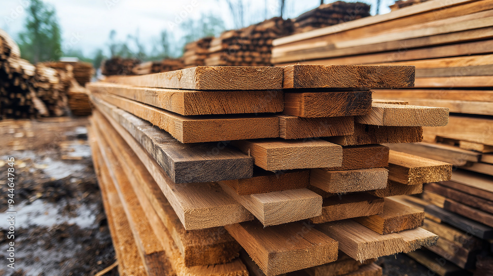 Poster stack of wooden planks forming a geometric pattern at a lumber yard