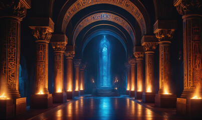 A grand hall with ornate pillars and glowing lanterns leads to a blue, stained-glass window at the end
