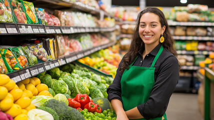 Young smiling woman working in a grocery store produce department