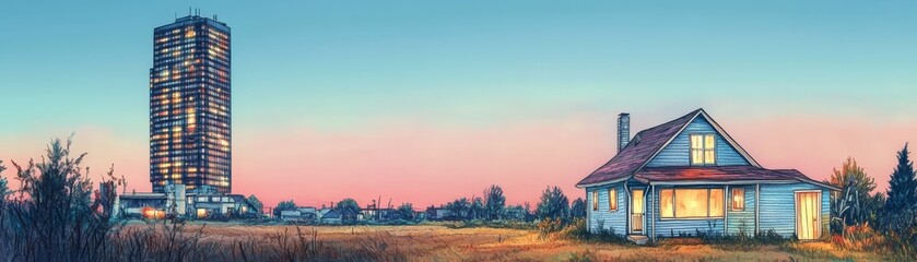 A giant skyscraper looming over a quaint little house, urban vs rural, photorealism, twilight, stark contrast, aerial view, copy space