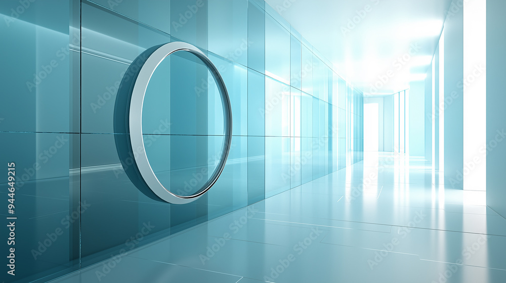 Aufkleber modern empty office corridor with big circular window showing exterior