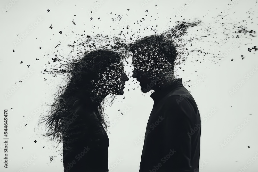 Poster silhouetted couple with disintegrating brain illustrations depicting cognitive dissolution thought f