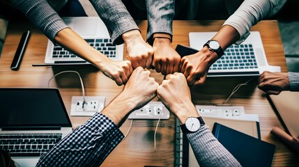 Five People Bumping Fists in a Circle Around a Wooden Desk