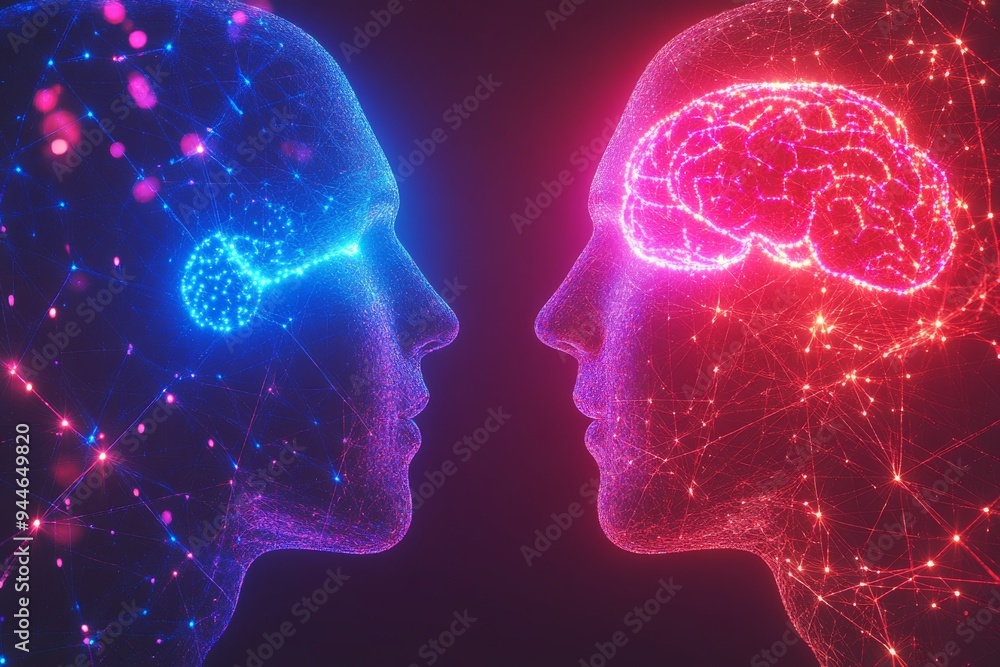 Poster neon light art of human heads with glowing brains illustrating cognitive conflict duality of thought