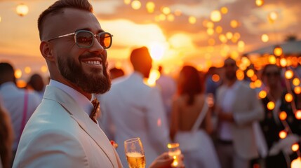 Photo-realistic outdoor networking event, diverse group of professionals connecting, elegant setting, high-definition, vivid colors