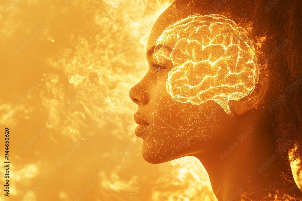 Poster profile of a woman with a glowing brain overlay in a futuristic setting representing cognitive enhan