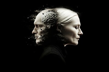 Profile of a Woman with Disintegrating Brain Illustrating Cognitive Decline Thought Dissolution and the Fragility of the Human Mind in a Minimalist Artistic Setting