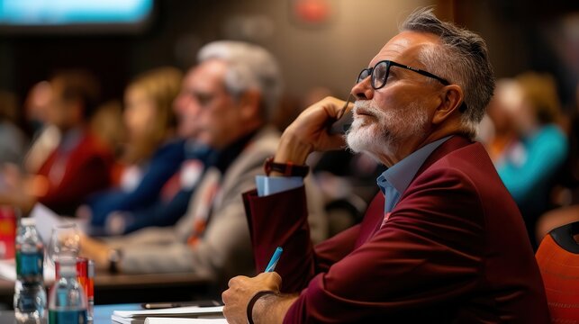 Photo-realistic skill acquisition seminar, attendees taking notes and engaging with a speaker, modern conference room, high-definition, vivid colors