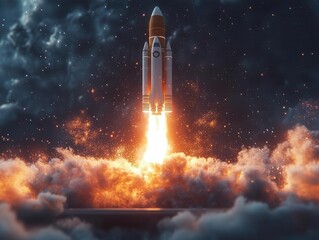 surreal image of a space rocket launching from an open laptop screen digital particles and light trails blend reality and technology dark background with glowing accents