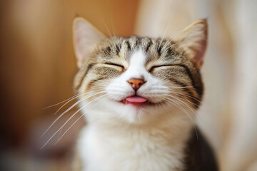 幸せそうな表情をした笑顔の猫