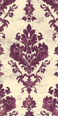 Elegant purple damask pattern on textured cream background.