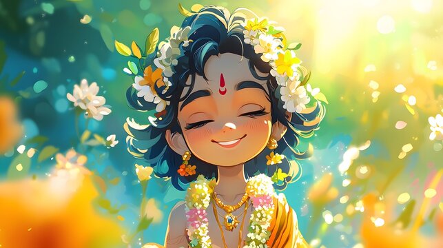 Happy Little Boy with Flowers in His Hair.