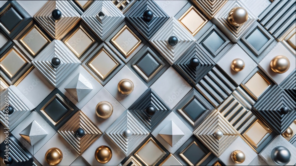Poster Geometric harmony in metallic textures and patterns displayed on a modern flat surface, creating a sophisticated and artistic mosaic composition. Generative AI