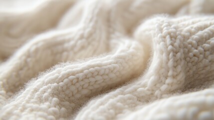 Soft cream-colored knitted fabric showcasing intricate patterns in a cozy indoor setting during daylight