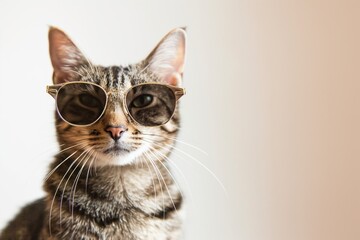 Obraz premium Cute cat wearing sunglasses on white background, space for text.
