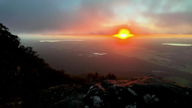 Timelapse Footage Panorama Sunrise at Grampians National Park (Gariwerd) views of Halls Gap and Farming Area Surrounding Rock and Mountain Formation, Victoria, Australia