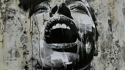 Abstract Portrait of Screaming Woman: Emotional Expression in Black and White