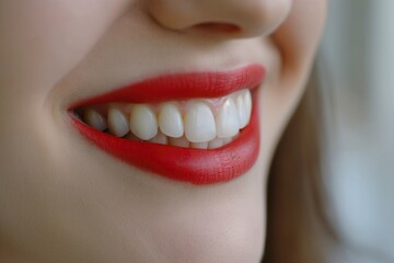 Close-up of beautiful female lips with red lipstick. Smiling woman with healthy teeth.