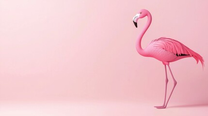 Pink Flamingo Minimalism: A graceful pink flamingo stands against a soft pink background, creating a minimalist and elegant scene. Its long, slender legs and curved neck.