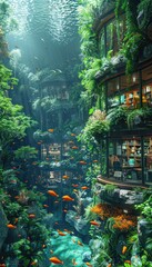 Obraz premium Underwater Oasis with Fish and Buildings