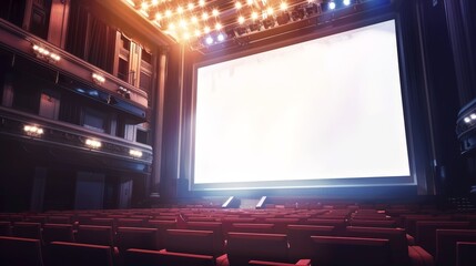 Empty theater seats with a blank screen.