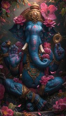 Fototapeta premium Ganesha Hindu Deity Blue Skin Gold Jewelry Flowers