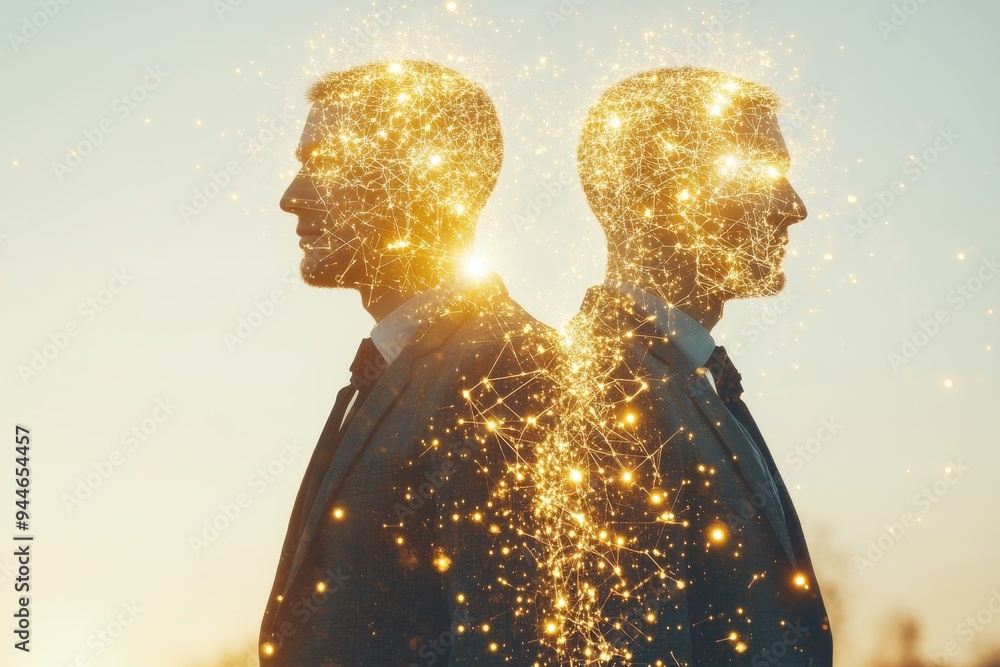 Poster back to back human figures with glowing brains illustrating cognitive duality intellectual reflectio